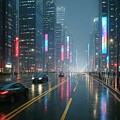Futuristic Rainy Cityscape at Night